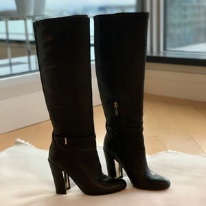 Black leather square heeled boots